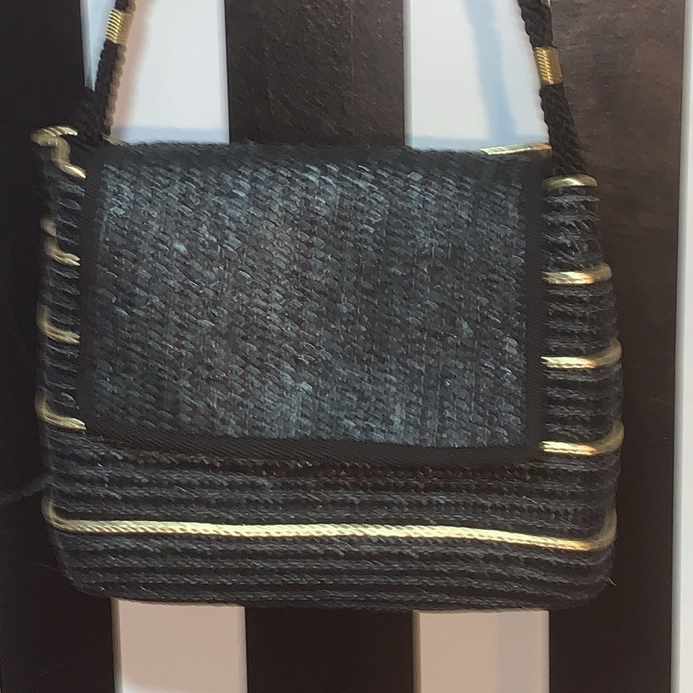 Vintage Black/Gold Woven Straw Bag Purse Pocketbook Coastal Nautical Beach Bag - Picture 2 of 16